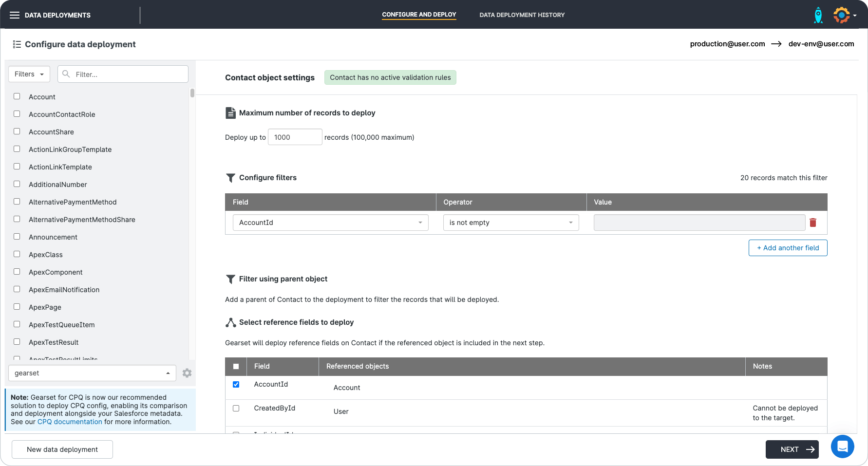 Data deployment UI window