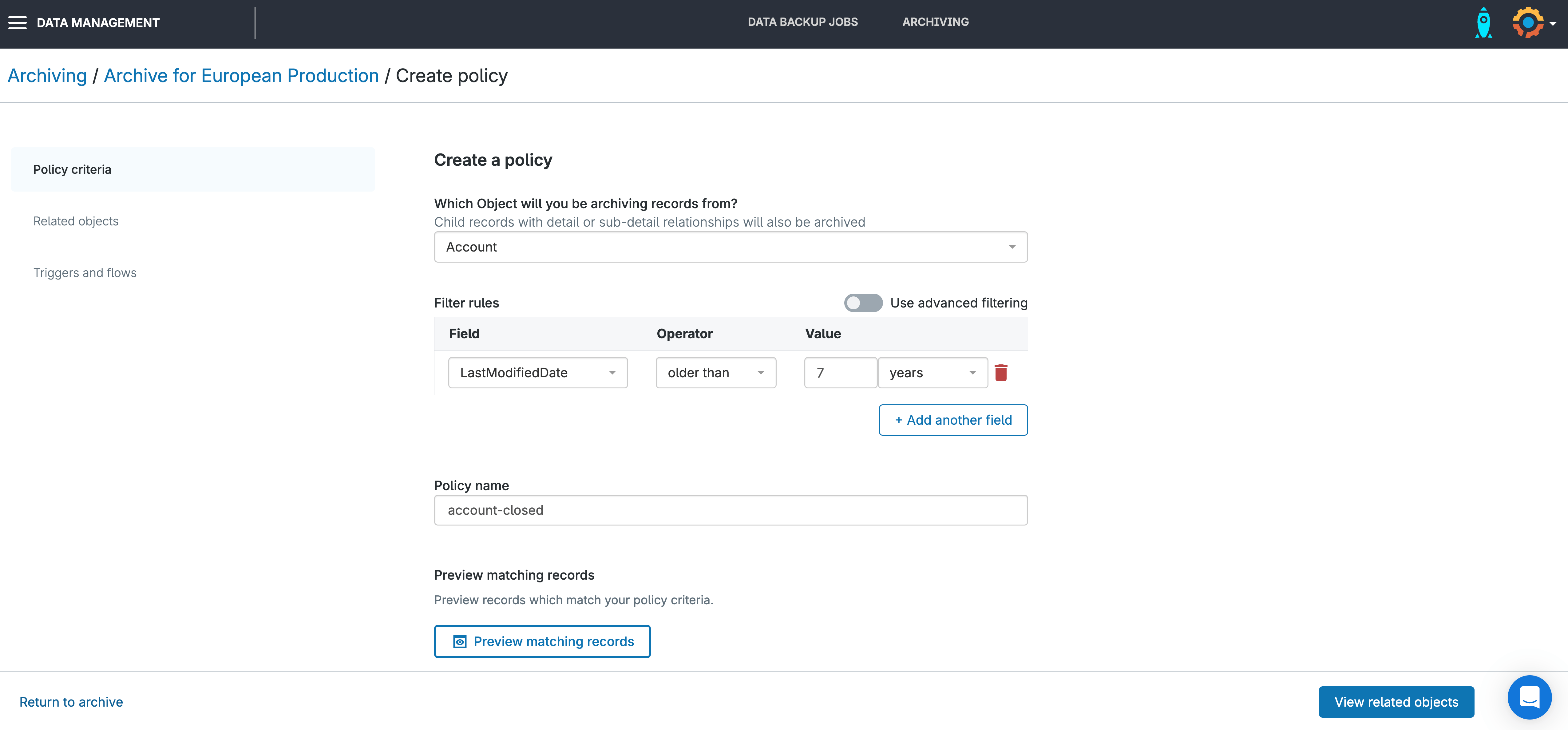 Gearset’s UI for setting retention policy criteria for an archive