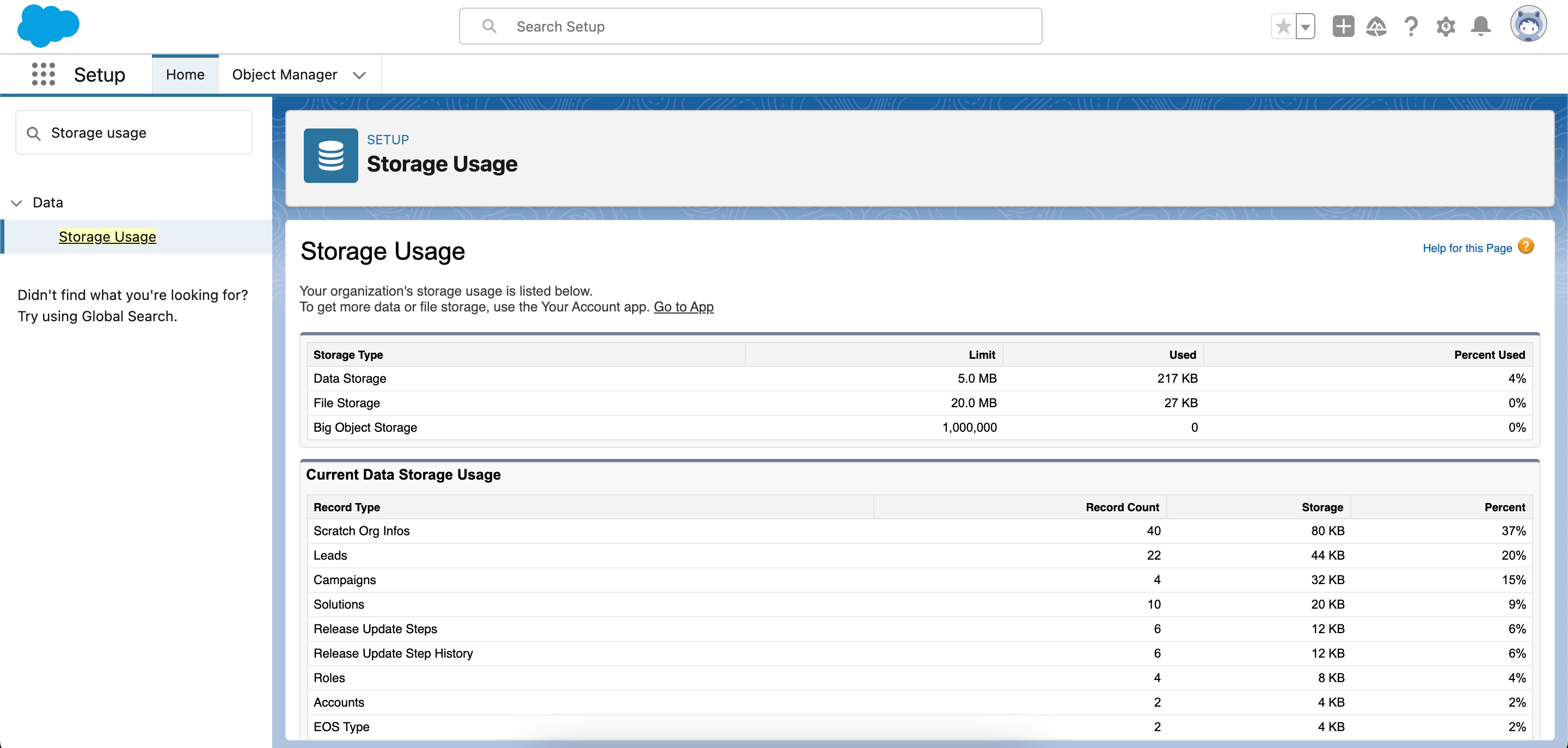 Org storage usage dashboard in Salesforce