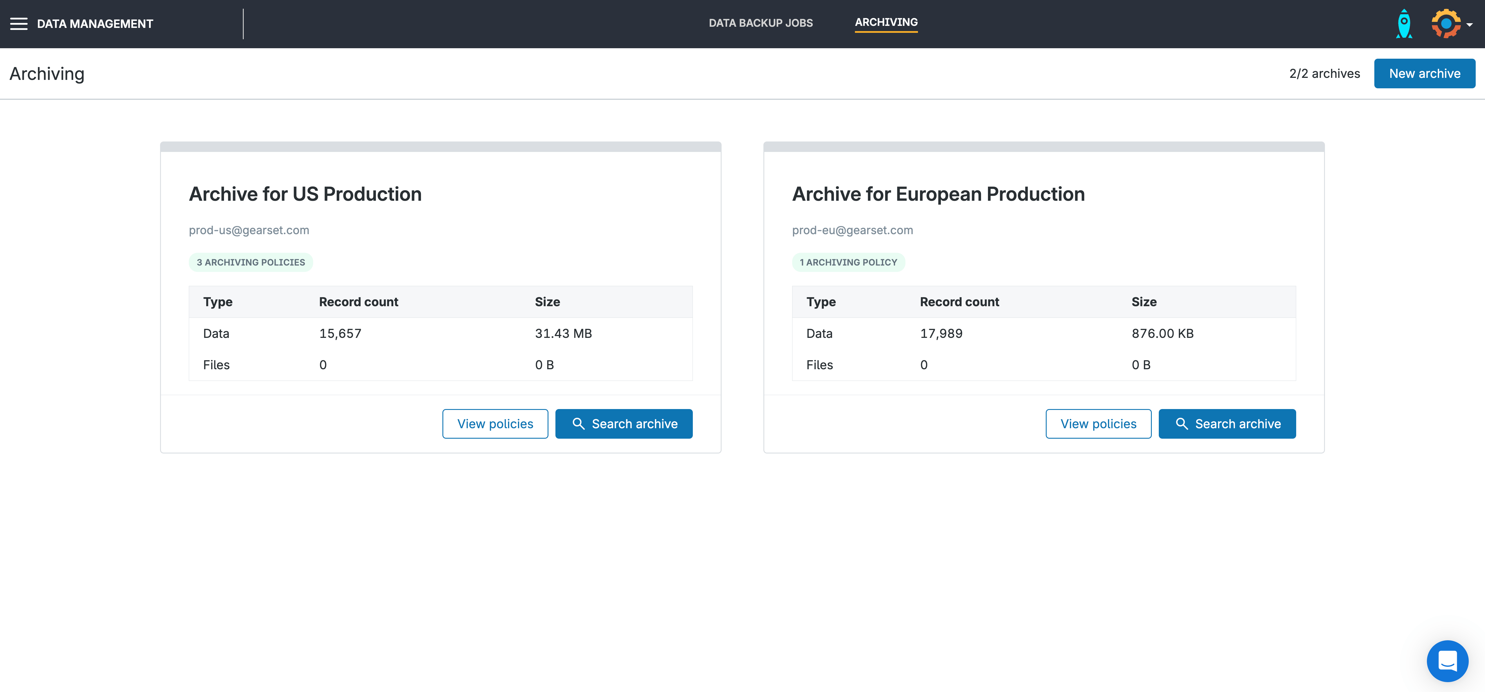 Archives within the Gearset UI