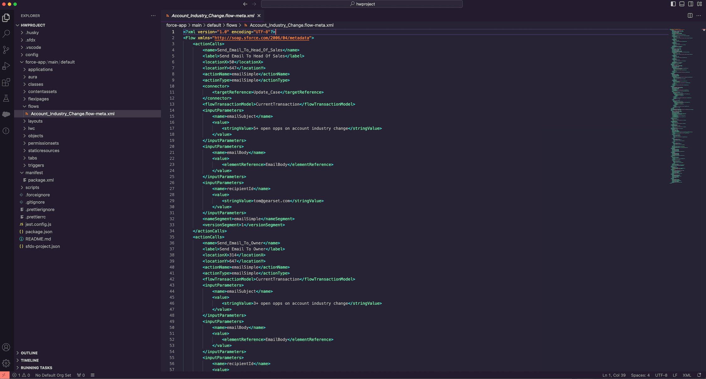 Gearset screenshot: a flow in XML format